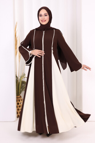 Dubai Biyeli Fermuarlı Ferace 7050 Kahverengi - 4
