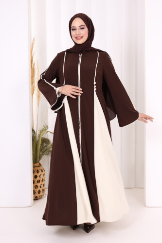 Dubai Biyeli Fermuarlı Ferace 7050 Kahverengi - 5