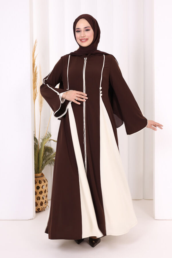 Dubai Biyeli Fermuarlı Ferace 7050 Kahverengi - 5