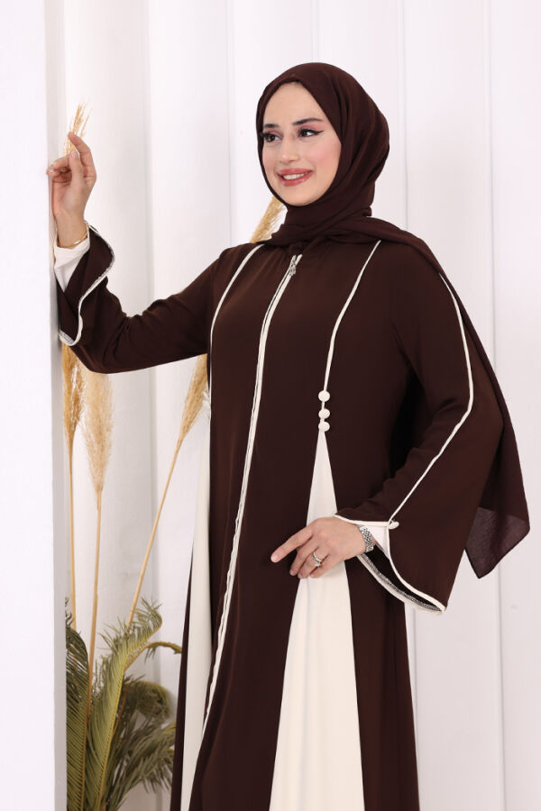 Dubai Biyeli Fermuarlı Ferace 7050 Kahverengi - 6