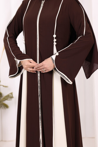 Dubai Biyeli Fermuarlı Ferace 7050 Kahverengi - 7