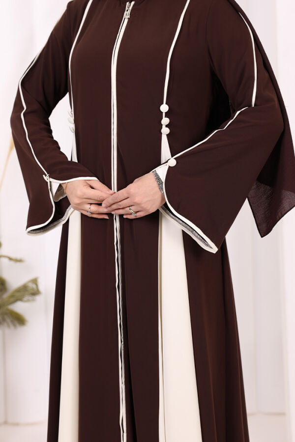 Dubai Biyeli Fermuarlı Ferace 7050 Kahverengi - 7