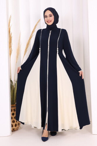 Dubai Biyeli Fermuarlı Ferace 7050 Lacivert 