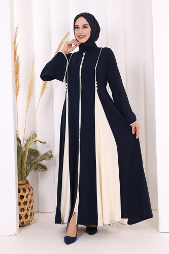 Dubai Biyeli Fermuarlı Ferace 7050 Lacivert - 2