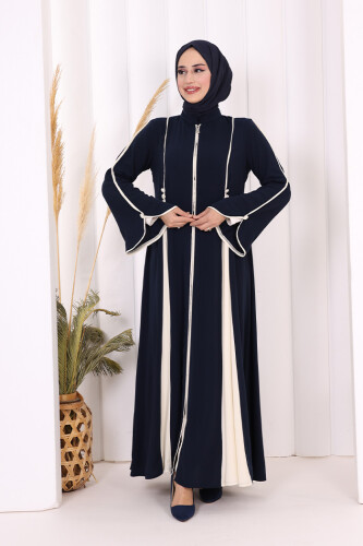 Dubai Biyeli Fermuarlı Ferace 7050 Lacivert - 3