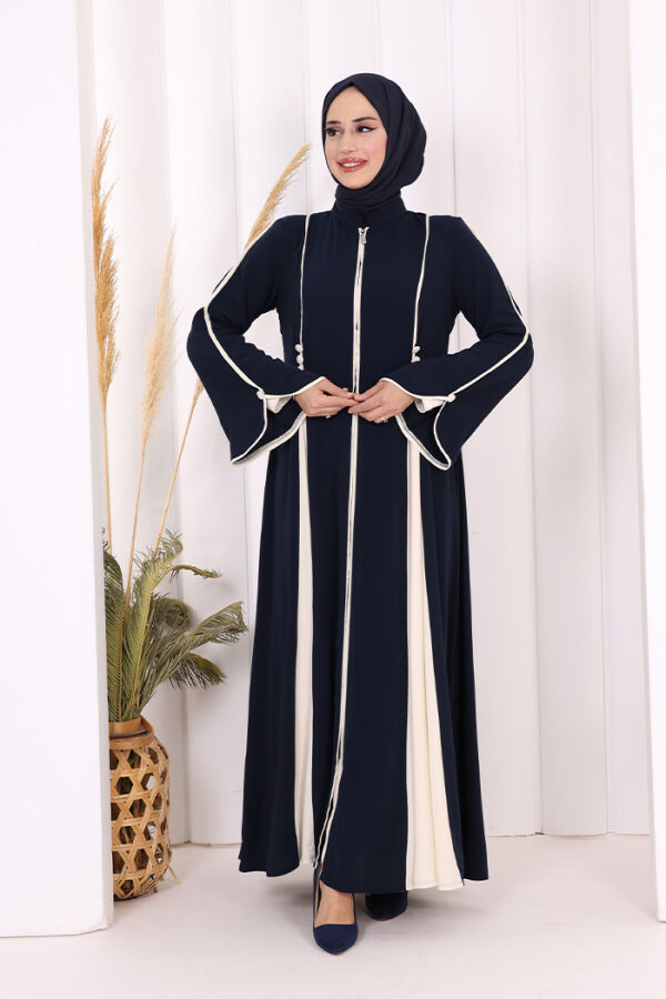 Dubai Biyeli Fermuarlı Ferace 7050 Lacivert - 3