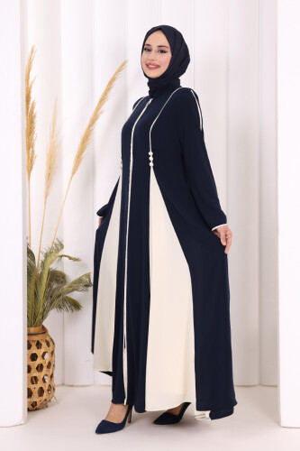 Dubai Biyeli Fermuarlı Ferace 7050 Lacivert - 4