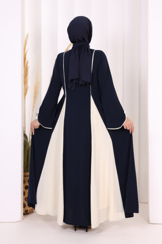 Dubai Biyeli Fermuarlı Ferace 7050 Lacivert - 5