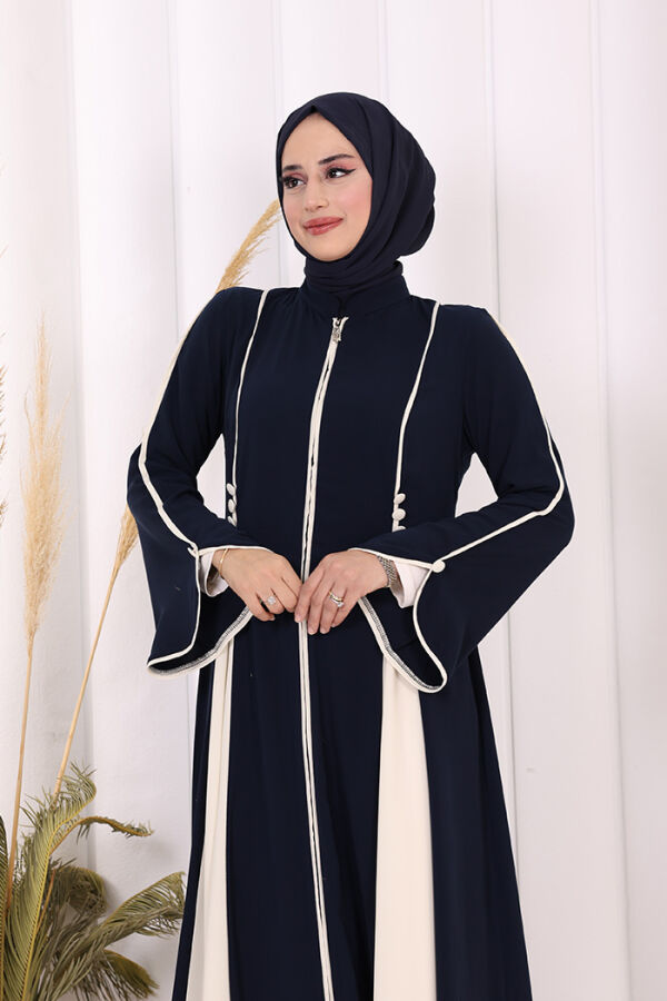 Dubai Biyeli Fermuarlı Ferace 7050 Lacivert - 6