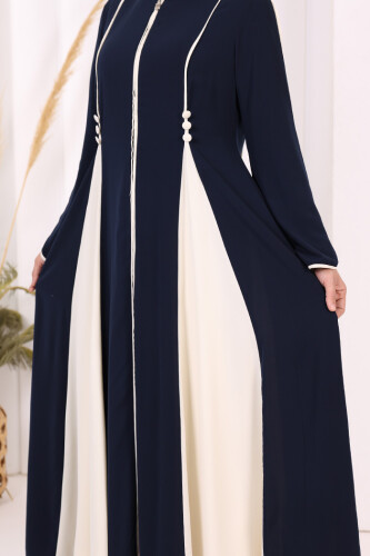 Dubai Biyeli Fermuarlı Ferace 7050 Lacivert - 7