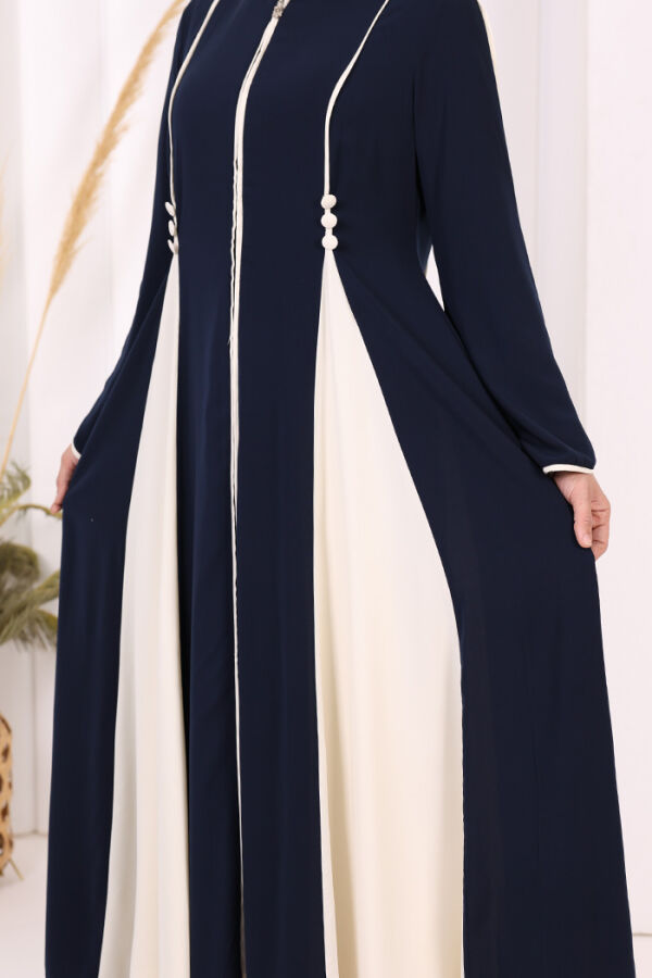 Dubai Biyeli Fermuarlı Ferace 7050 Lacivert - 7
