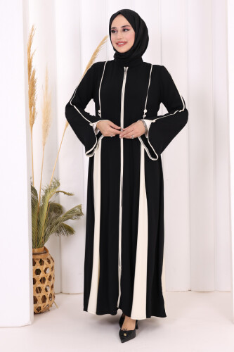 Dubai Biyeli Fermuarlı Ferace 7050 Siyah - 4