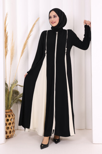 Dubai Biyeli Fermuarlı Ferace 7050 Siyah - 6