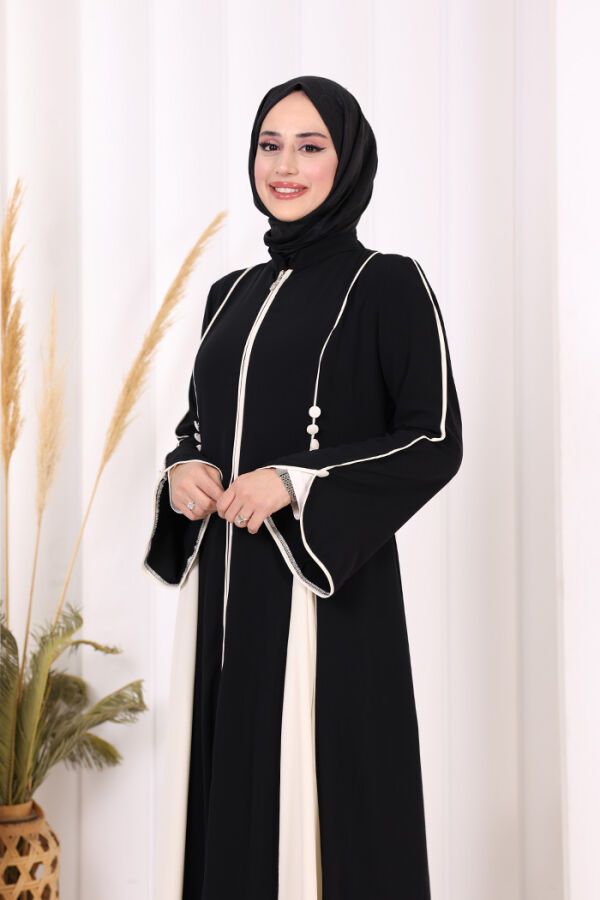 Dubai Biyeli Fermuarlı Ferace 7050 Siyah - 7