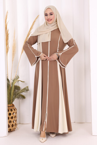 Dubai Biyeli Fermuarlı Ferace 7050 Taba - 5