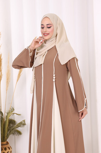 Dubai Biyeli Fermuarlı Ferace 7050 Taba - 7