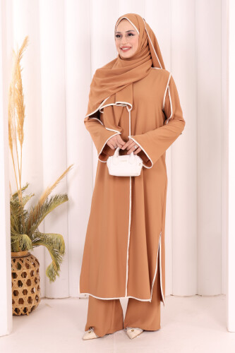 Hac Umre Biyeli Pantolonlu Tunik Takım ŞAL HEDİYE 8001 Taba