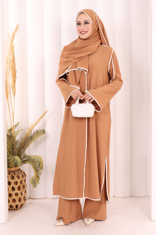 Hac Umre Biyeli Pantolonlu Tunik Takım ŞAL HEDİYE 8001 Taba - 1