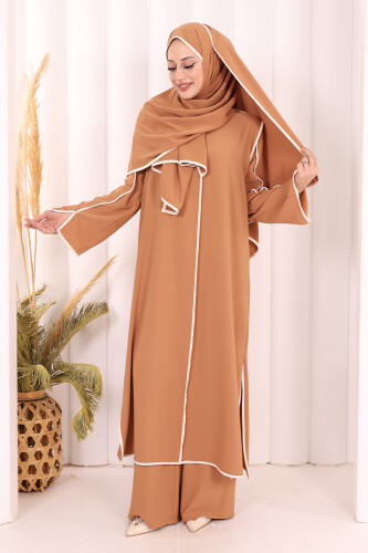 Hac Umre Biyeli Pantolonlu Tunik Takım ŞAL HEDİYE 8001 Taba - 2