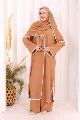 Hac Umre Biyeli Pantolonlu Tunik Takım ŞAL HEDİYE 8001 Taba - 3