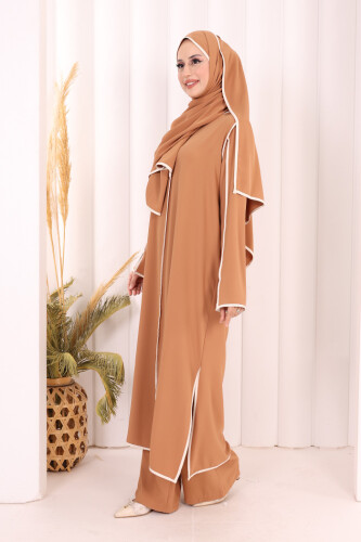 Hac Umre Biyeli Pantolonlu Tunik Takım ŞAL HEDİYE 8001 Taba - 4