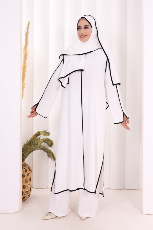 Hac Umre Biyeli Pantolonlu Tunik Takım ŞAL HEDİYE 8001 Ekru-Siyah - 1