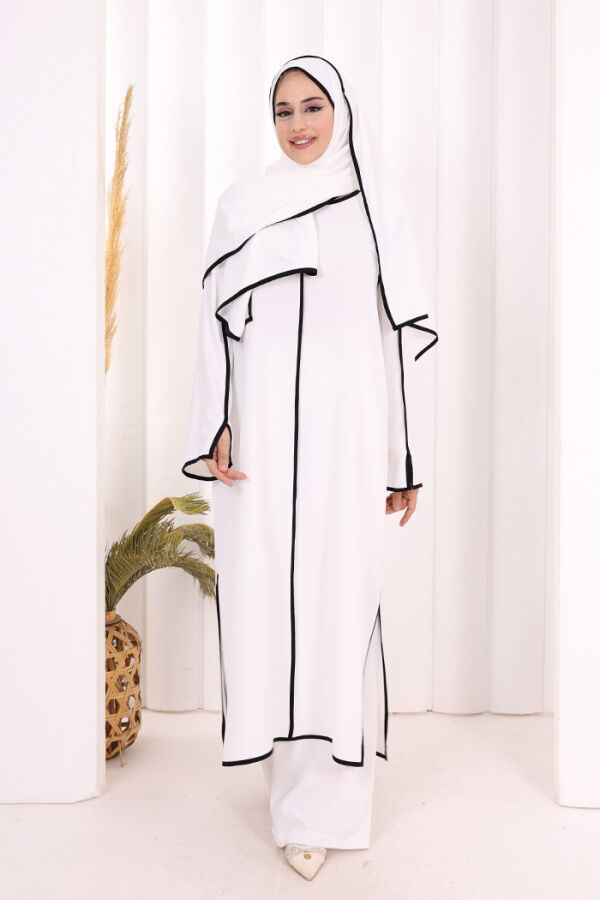 Hac Umre Biyeli Pantolonlu Tunik Takım ŞAL HEDİYE 8001 Ekru-Siyah - 2