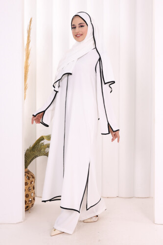Hac Umre Biyeli Pantolonlu Tunik Takım ŞAL HEDİYE 8001 Ekru-Siyah - 3