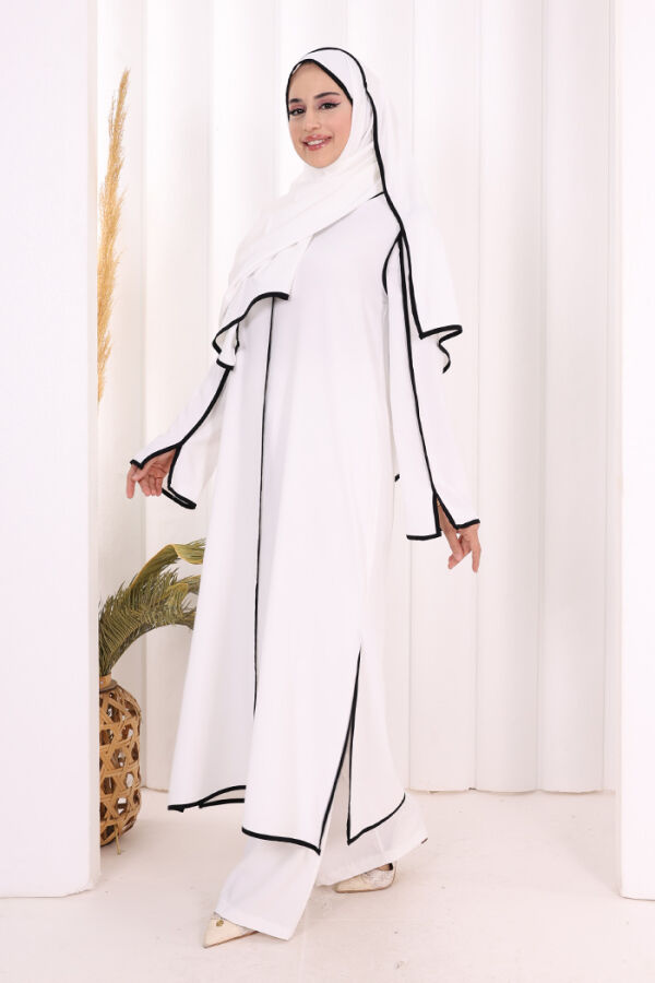 Hac Umre Biyeli Pantolonlu Tunik Takım ŞAL HEDİYE 8001 Ekru-Siyah - 3