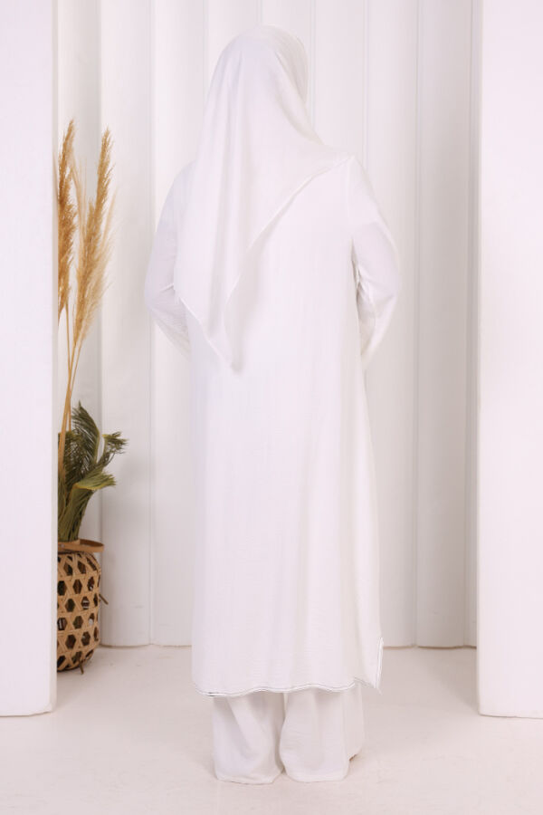 Biyeli Uzun Tunik Pantolon Takım 8005 Ekru - 4