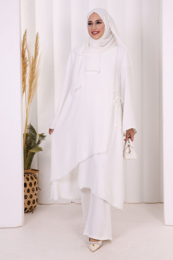 Biyeli Uzun Tunik Pantolon Takım 8005 Ekru - 1