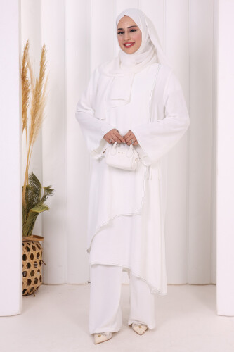 Biyeli Uzun Tunik Pantolon Takım 8005 Ekru - 2