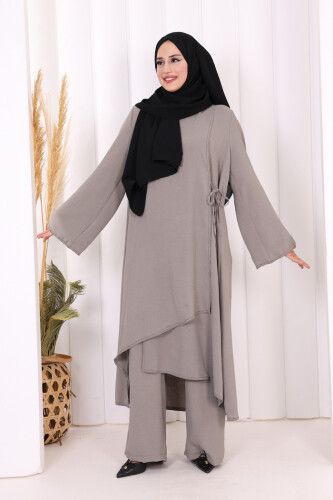 Biyeli Uzun Tunik Pantolon Takım 8005 Gri 