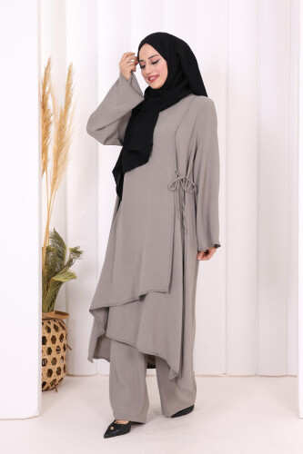 Biyeli Uzun Tunik Pantolon Takım 8005 Gri - 2