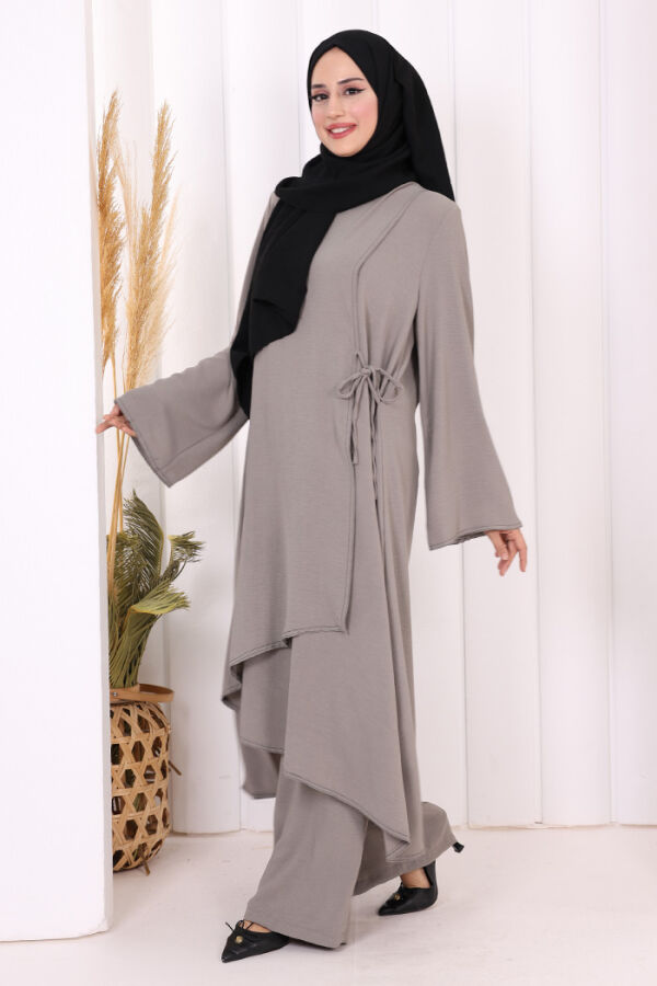 Biyeli Uzun Tunik Pantolon Takım 8005 Gri - 3