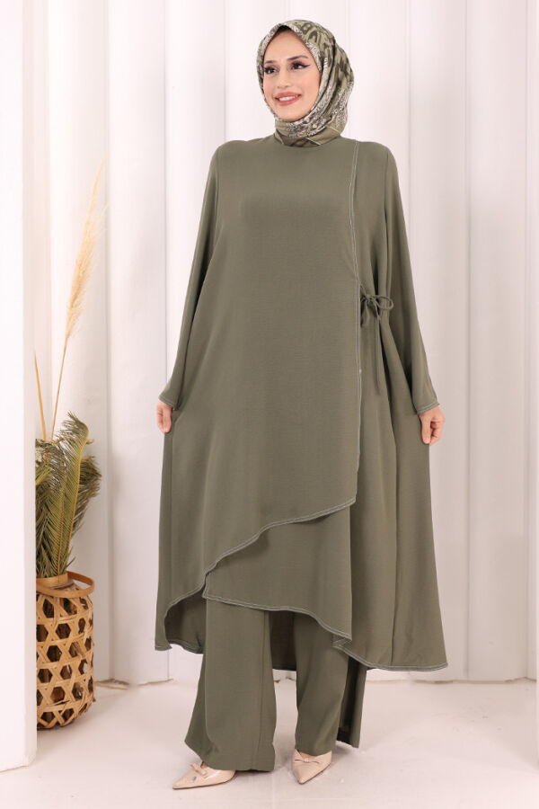 Biyeli Uzun Tunik Pantolon Takım 8005 Haki - 1