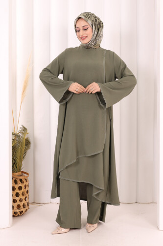 Biyeli Uzun Tunik Pantolon Takım 8005 Haki - 2