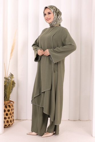Biyeli Uzun Tunik Pantolon Takım 8005 Haki - 3
