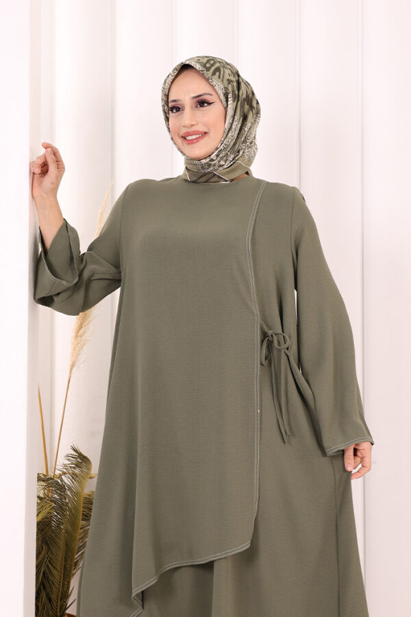 Biyeli Uzun Tunik Pantolon Takım 8005 Haki - 5