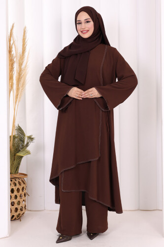 Biyeli Uzun Tunik Pantolon Takım 8005 Kahverengi 