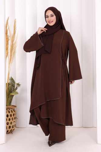 Biyeli Uzun Tunik Pantolon Takım 8005 Kahverengi - 2