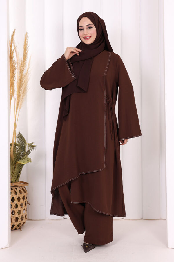 Biyeli Uzun Tunik Pantolon Takım 8005 Kahverengi - 2