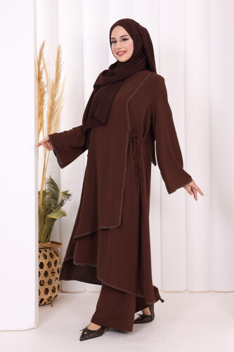 Biyeli Uzun Tunik Pantolon Takım 8005 Kahverengi - 3