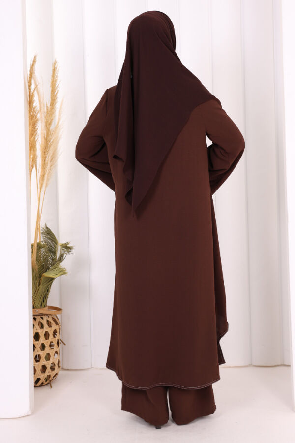 Biyeli Uzun Tunik Pantolon Takım 8005 Kahverengi - 4