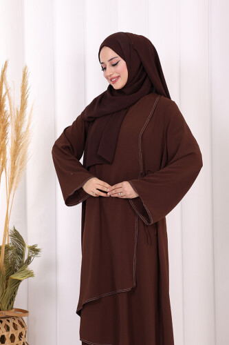 Biyeli Uzun Tunik Pantolon Takım 8005 Kahverengi - 5