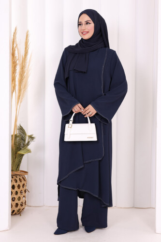 Biyeli Uzun Tunik Pantolon Takım 8005 Lacivert 