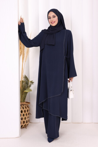 Biyeli Uzun Tunik Pantolon Takım 8005 Lacivert - 3