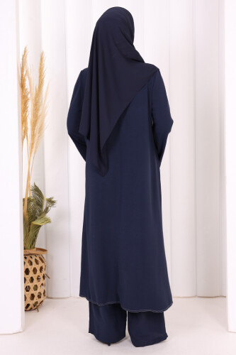 Biyeli Uzun Tunik Pantolon Takım 8005 Lacivert - 4
