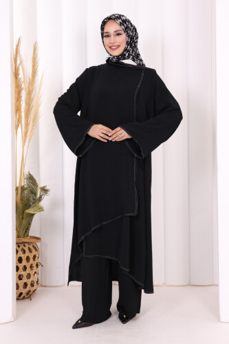 Biyeli Uzun Tunik Pantolon Takım 8005 Siyah - 1