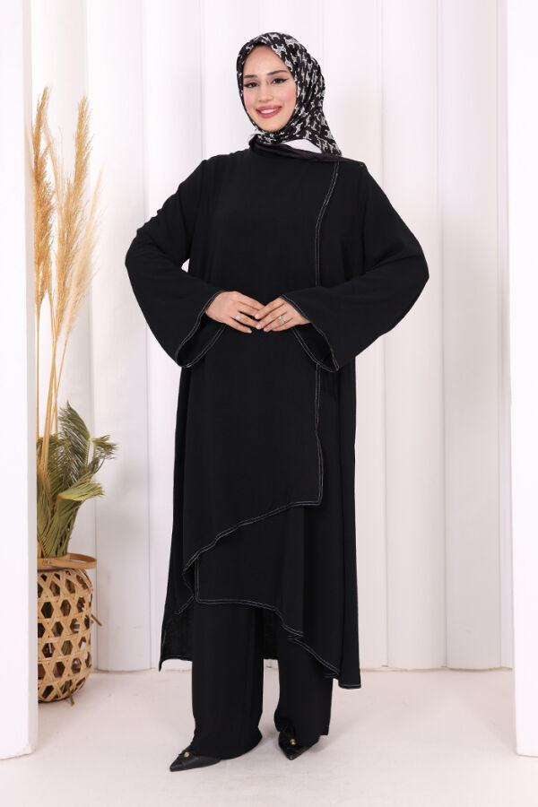 Biyeli Uzun Tunik Pantolon Takım 8005 Siyah - 1
